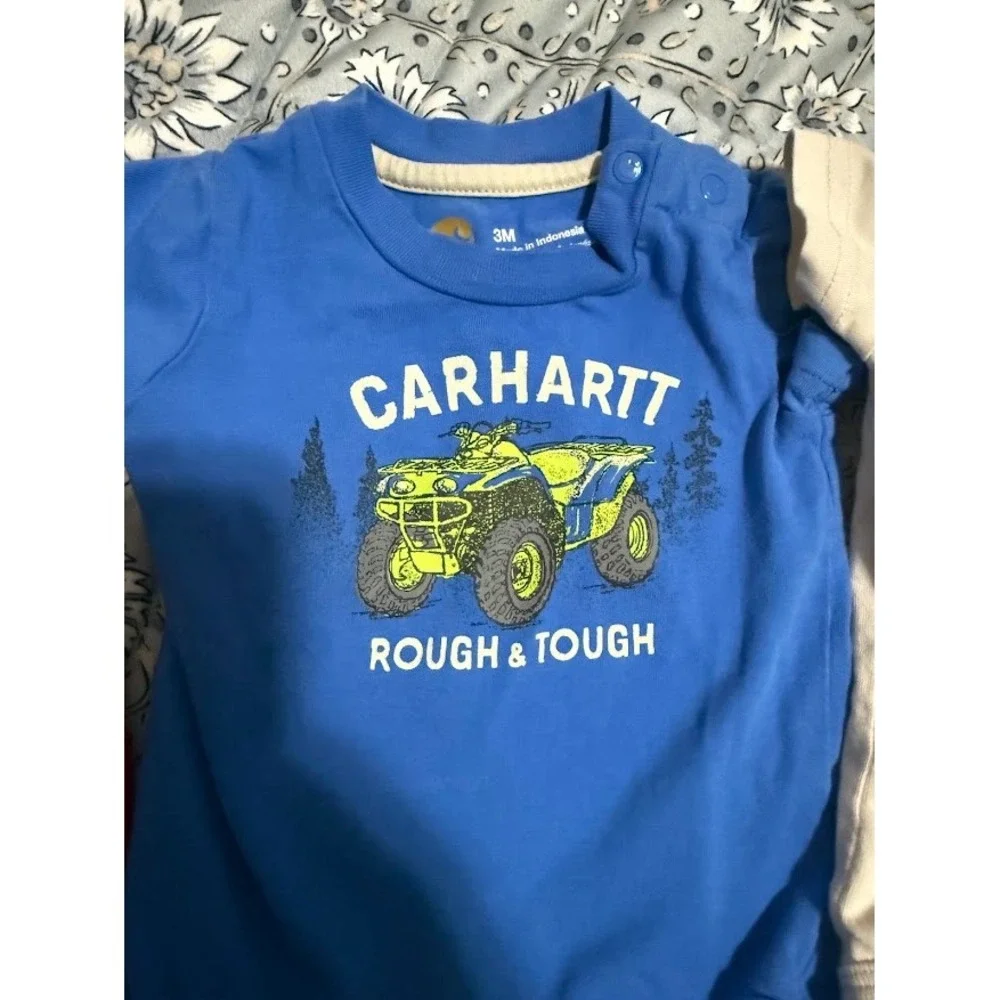 Carhartt Baby Boys 3M Bodysuit Bundle 3 Pack Fishing ATV Dog Red Blue Tan